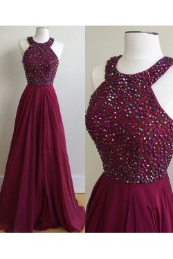 A-Line Burgundy Beaded Chiffon Prom Dresses Party Evening Gowns 3020244