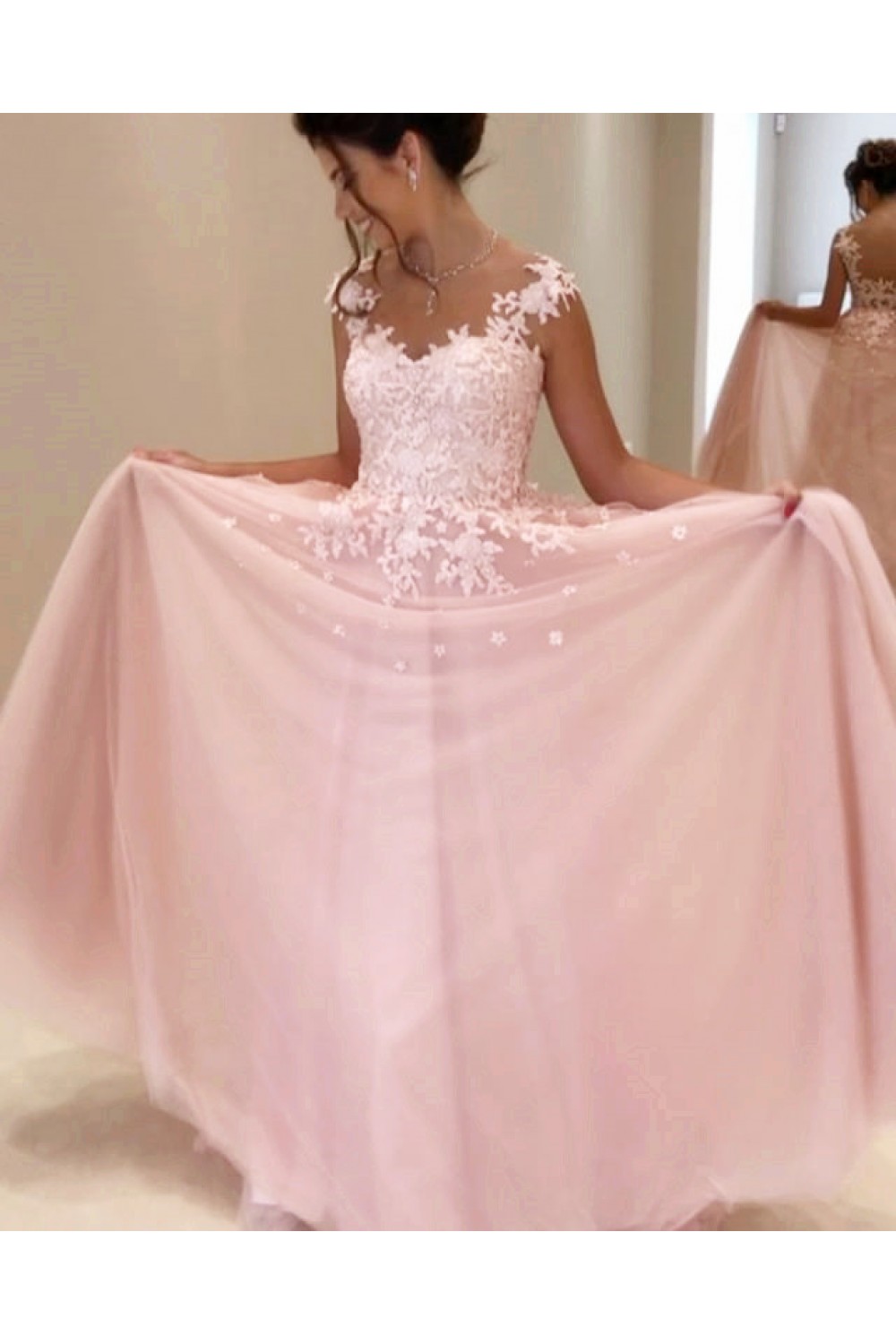 Pink lace sequins long prom dress pink evening dress Y245 main image 1