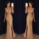 Mermaid  V-Neck Gold Sequins Beads Long Prom Dresses Party Evening Gowns 3020249