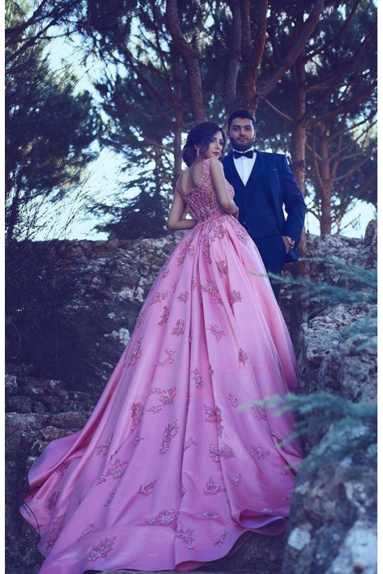 Ball Gown Lace Long Pink Prom Dresses Party Evening Gowns 3020260