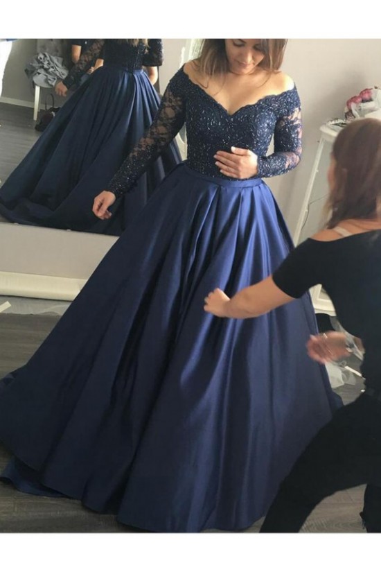Long Sleeve Navy Off-the-Shoulder Lace Prom Dresses Party Evening Gowns 3020263 Long Sleeve Navy Off-the-Shoulder Lace Prom Dresses Party Evening Gowns 3020263