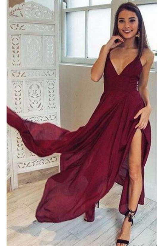 Sexy V-Neck Burgundy Chiffon Long Prom Dresses Party Evening Gowns 3020273 Sexy V-Neck Burgundy Chiffon Long Prom Dresses Party Evening Gowns 3020273