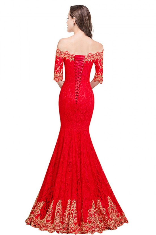 Mermaid Off-the-Shoulder Long Red Lace Prom Dresses Party Evening Gowns 3020283