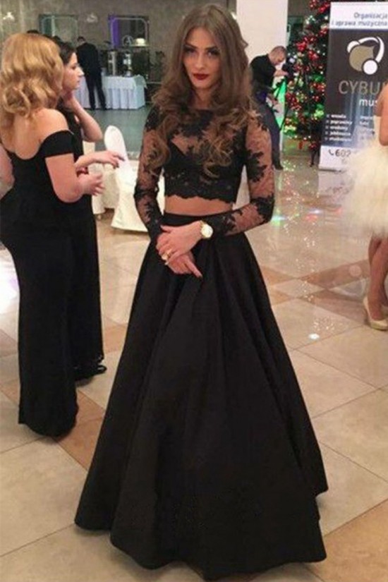 Two Pieces Long Sleeves Black Lace Prom Dresses Party Evening Gowns 3020296