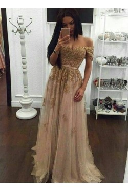 Lace Appliques and Tulle Off-the-Shoulder Long Prom Dresses Party Evening Gowns 3020306