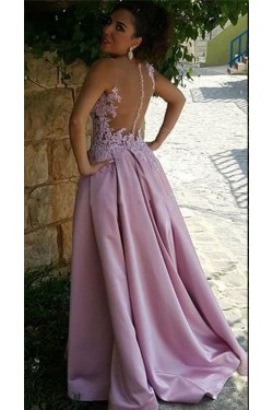 A-Line Illusion Neckline Lace and Satin Long Prom Dresses Party Evening Gowns 3020310