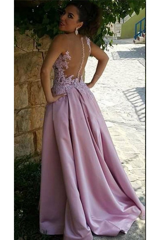A-Line Illusion Neckline Lace and Satin Long Prom Dresses Party Evening Gowns 3020310 A-Line Illusion Neckline Lace and Satin Long Prom Dresses Party Evening Gowns 3020310