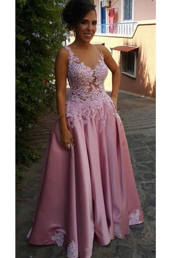A-Line Illusion Neckline Lace and Satin Long Prom Dresses Party Evening Gowns 3020310 A-Line Illusion Neckline Lace and Satin Long Prom Dresses Party Evening Gowns 3020310