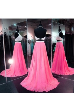 Long Pink Two Pieces Beaded Sequins Chiffon Prom Dresses Party Evening Gowns 3020311