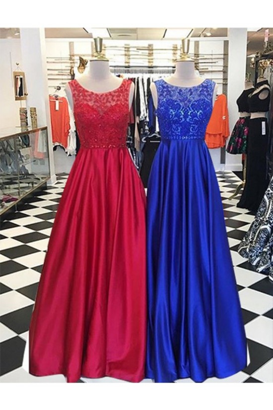 A-Line Lace and Satin Long Prom Dresses Party Evening Gowns 3020318