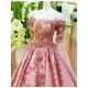 A-Line Off-the-Shoulder Short Sleeve Long Pink Prom Dresses Party Evening Gowns 3020331