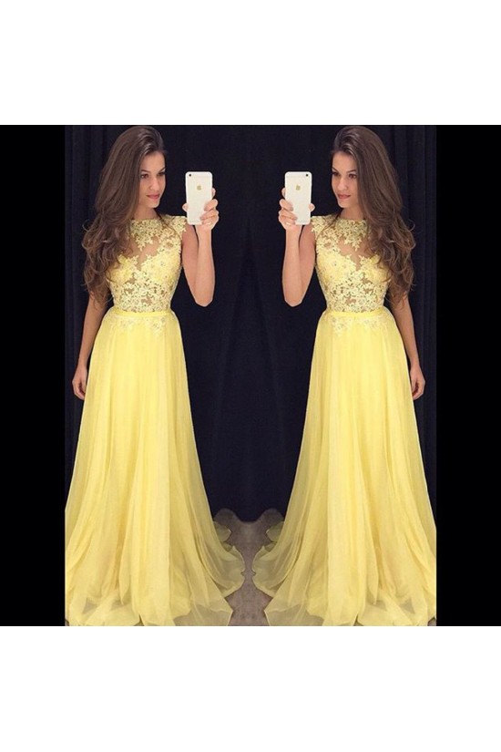 Long Yellow Illusion Bodice Lace and Chiffon Prom Dresses Party Evening Gowns 3020335 Long Yellow Illusion Bodice Lace and Chiffon Prom Dresses Party Evening Gowns 3020335