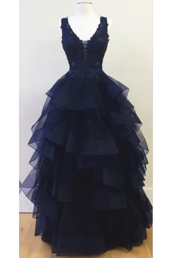 Long Navy V-Neck Lace Prom Dresses Party Evening Gowns 3020338