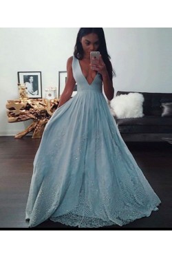 A-Line V-Neck Lace Long Prom Dresses Party Evening Gowns 3020353