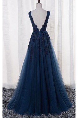 A-Line Lace Appliques Long Blue Prom Dresses Party Evening Gowns 3020383