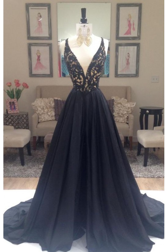 A-Line Long Black Lace V-Neck Prom Dresses Party Evening Gowns 3020384 A-Line Long Black Lace V-Neck Prom Dresses Party Evening Gowns 3020384