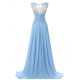 Long Blue Chiffon Illusion Bodice Lace Prom Dresses Party Evening Gowns 3020393