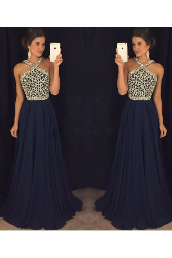A-Line Beaded Long Navy Chiffon Prom Dresses Party Evening Gowns 3020410 A-Line Beaded Long Navy Chiffon Prom Dresses Party Evening Gowns 3020410