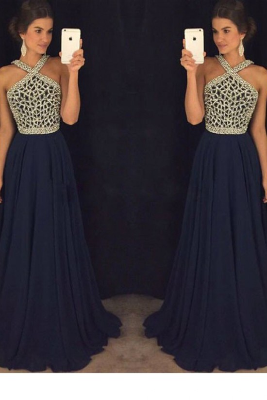 A-Line Beaded Long Navy Chiffon Prom Dresses Party Evening Gowns 3020410 A-Line Beaded Long Navy Chiffon Prom Dresses Party Evening Gowns 3020410