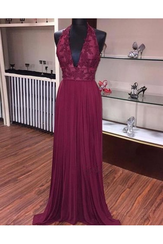 Burgundy Halter V-Neck Lace Prom Dresses Party Evening Gowns 3020415 Burgundy Halter V-Neck Lace Prom Dresses Party Evening Gowns 3020415