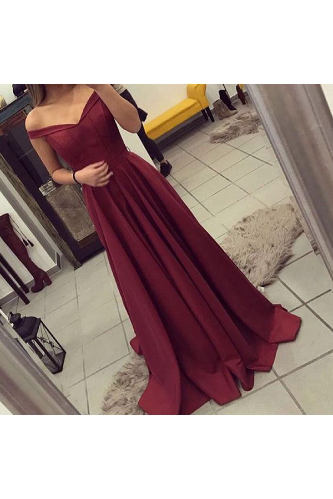 Burgundy Off Shoulder A-Line Tea Length Evening Party Dress,DP1731