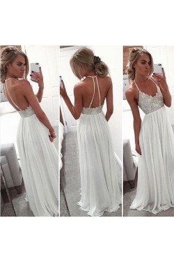 Long White Spaghetti Straps Chiffon Prom Dresses Party Evening Gowns 3020443
