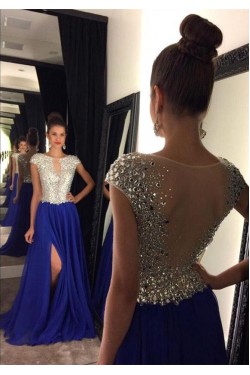 Long Blue Beaded Prom Dresses Party Evening Gowns 3020446