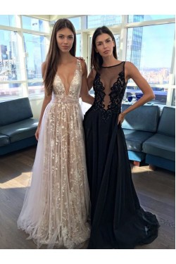Sexy Low V-Neck Lace Tulle Long Prom Dresses Left Picture 3020493