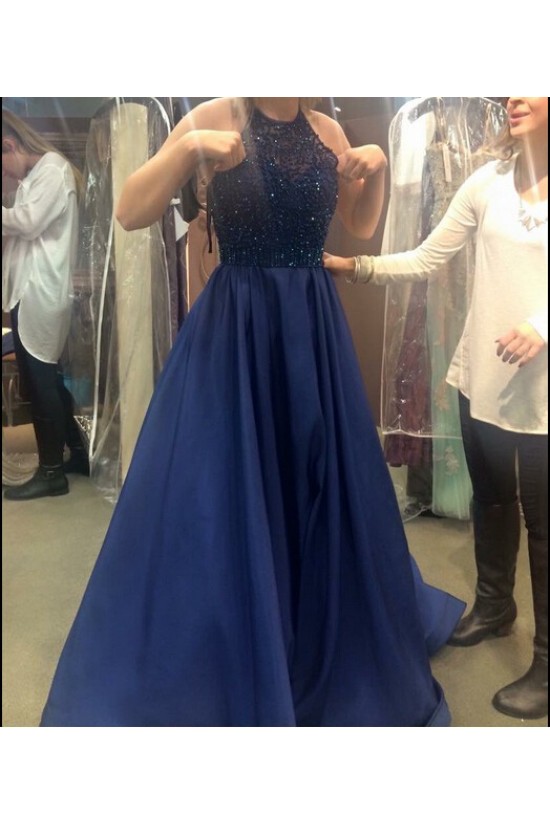A-Line Beaded Halter Long Blue Prom Dresses Party Evening Gowns 3020507 A-Line Beaded Halter Long Blue Prom Dresses Party Evening Gowns 3020507
