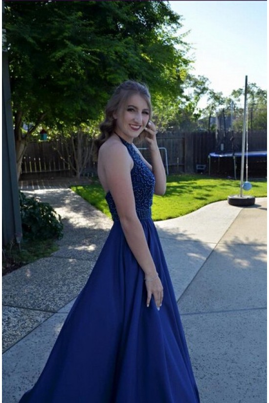 A-Line Beaded Halter Long Blue Prom Dresses Party Evening Gowns 3020507 A-Line Beaded Halter Long Blue Prom Dresses Party Evening Gowns 3020507
