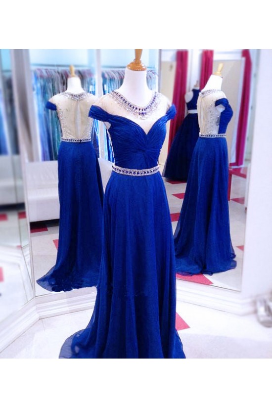 Long Blue Beaded Illusion Neckline Prom Dresses Party Evening Gowns 3020511 Long Blue Beaded Illusion Neckline Prom Dresses Party Evening Gowns 3020511