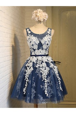 Short Blue Tulle White Lace Appliques Homecoming Cocktail Prom Dresses 3020527