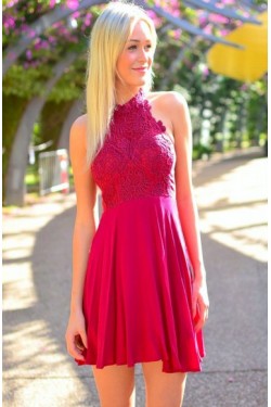 Short Halter Lace Chiffon Homecoming Cocktail Prom Dresses 3020534