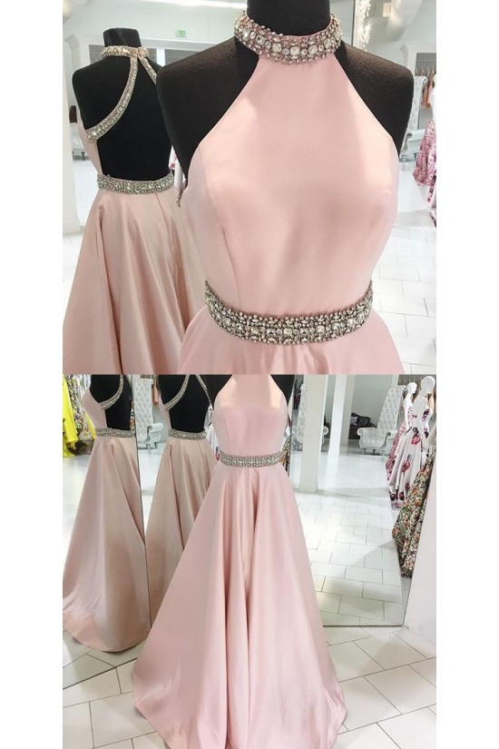 Long Pink Backless Beaded Halter Party Prom Evening Dresses 3020552 Long Pink Backless Beaded Halter Party Prom Evening Dresses 3020552