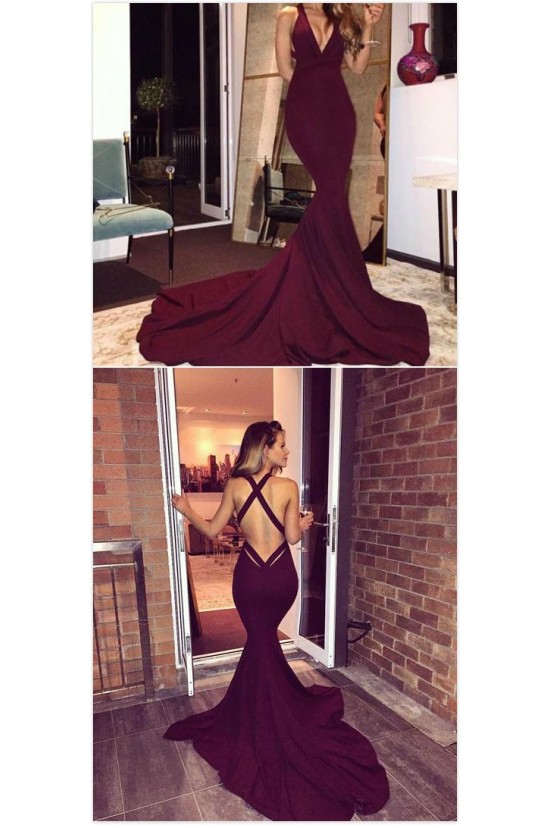 Mermaid Low V-Neck Burgundy Long Prom Dresses 3020555 Mermaid Low V-Neck Burgundy Long Prom Dresses 3020555