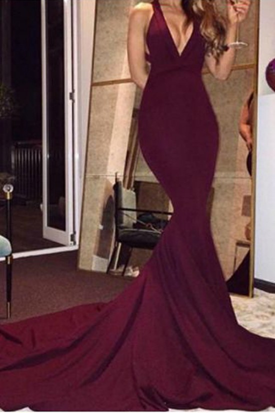 Mermaid Low V-Neck Burgundy Long Prom Dresses 3020555 Mermaid Low V-Neck Burgundy Long Prom Dresses 3020555