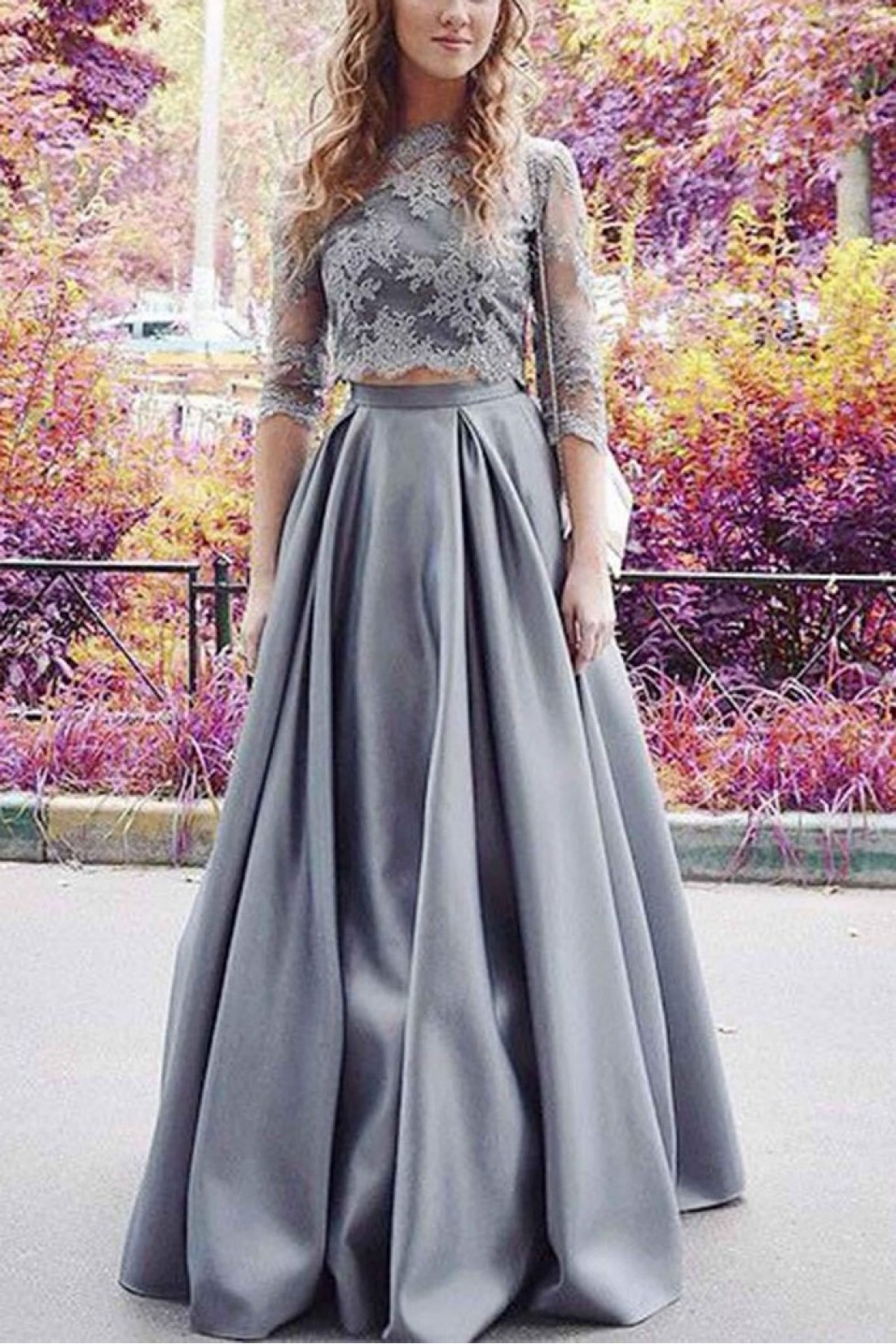 Two Piece Blue Lace Square Long Evening Prom Dresses, Cheap Party Custom Prom Dresses, 18630 main image 0