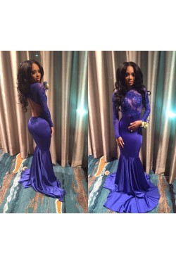 Long Blue Mermaid Lace Long Sleeves Prom Evening Dresses 3020570