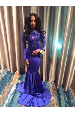 Long Blue Mermaid Lace Long Sleeves Prom Evening Dresses 3020570