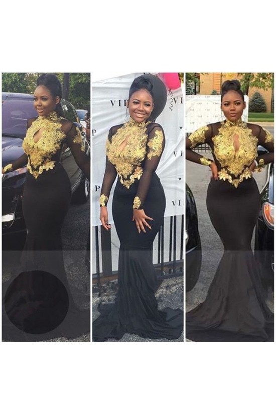Mermaid High Neck Long Sleeves Prom Evening Dresses with Gold Appliques 3020571 Mermaid High Neck Long Sleeves Prom Evening Dresses with Gold Appliques 3020571