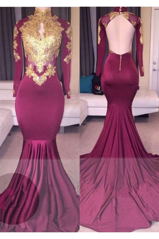 Mermaid High Neck Long Sleeves Prom Evening Dresses with Gold Appliques 3020571 Mermaid High Neck Long Sleeves Prom Evening Dresses with Gold Appliques 3020571