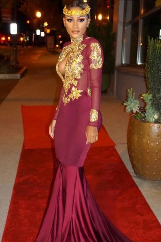 Mermaid High Neck Long Sleeves Prom Evening Dresses with Gold Appliques 3020572