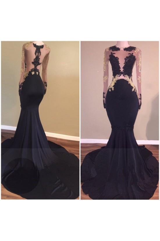 Mermaid Long Black High Neck Prom Evening Dresses with Gold Lace Appliques 3020573 Mermaid Long Black High Neck Prom Evening Dresses with Gold Lace Appliques 3020573