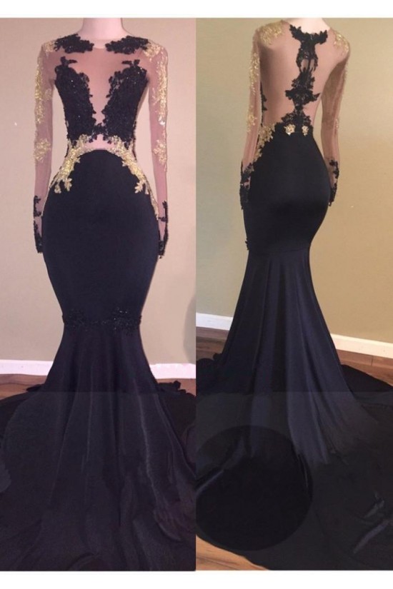 Mermaid Long Black High Neck Prom Evening Dresses with Gold Lace Appliques 3020573 Mermaid Long Black High Neck Prom Evening Dresses with Gold Lace Appliques 3020573