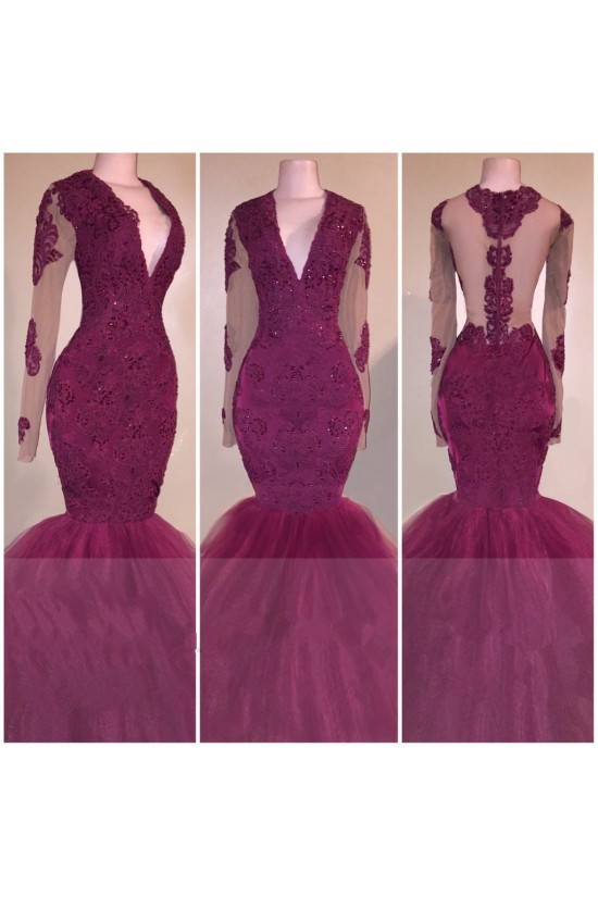 Mermaid Long Sleeves V-Neck Long Prom Evening Dresses 3020574