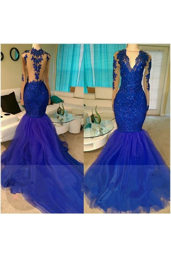 Long Blue V-Neck Mermaid Lace Prom Evening Dresses 3020576 Long Blue V-Neck Mermaid Lace Prom Evening Dresses 3020576