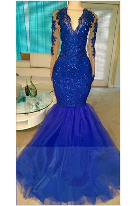 Long Blue V-Neck Mermaid Lace Prom Evening Dresses 3020576 Long Blue V-Neck Mermaid Lace Prom Evening Dresses 3020576