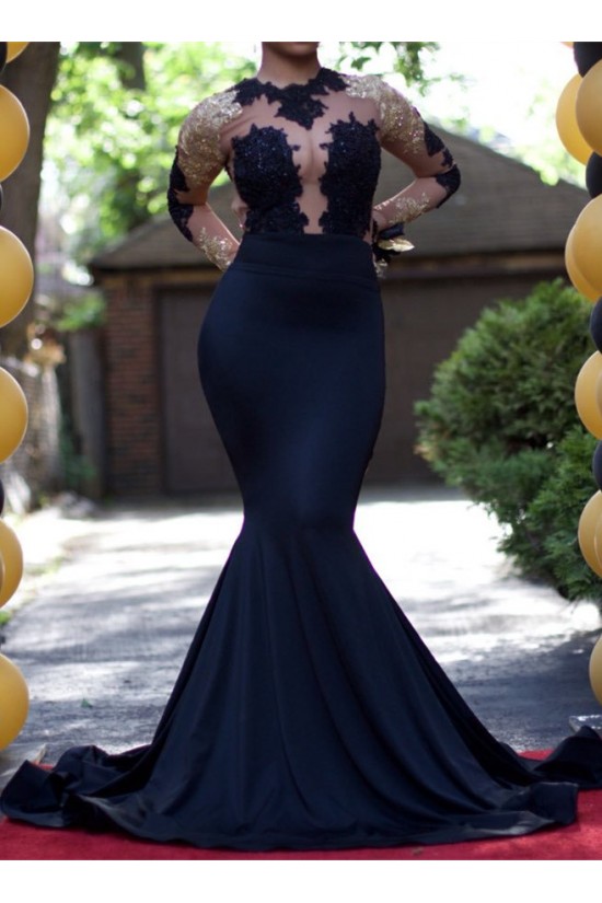 Sexy Mermaid Long Sleeves Prom Evening Dresses with Gold Lace Appliques ...