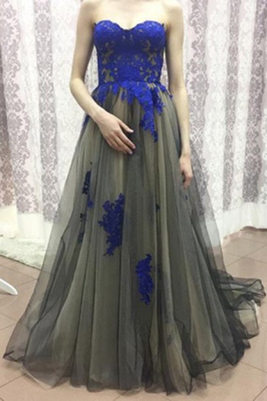 Long Tulle Prom Evening Dresses with Blue Lace Appliques 3020588 Long Tulle Prom Evening Dresses with Blue Lace Appliques 3020588