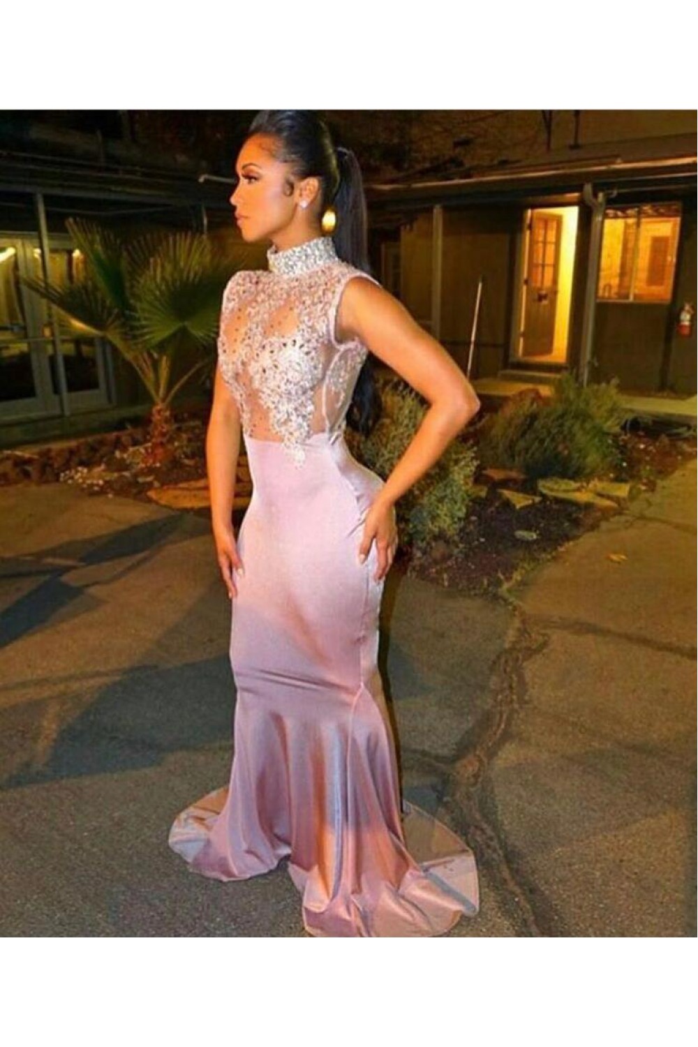 Gorgeous Lace Appliques Sleeveless Mermaid High Neck Prom Dress main image 1